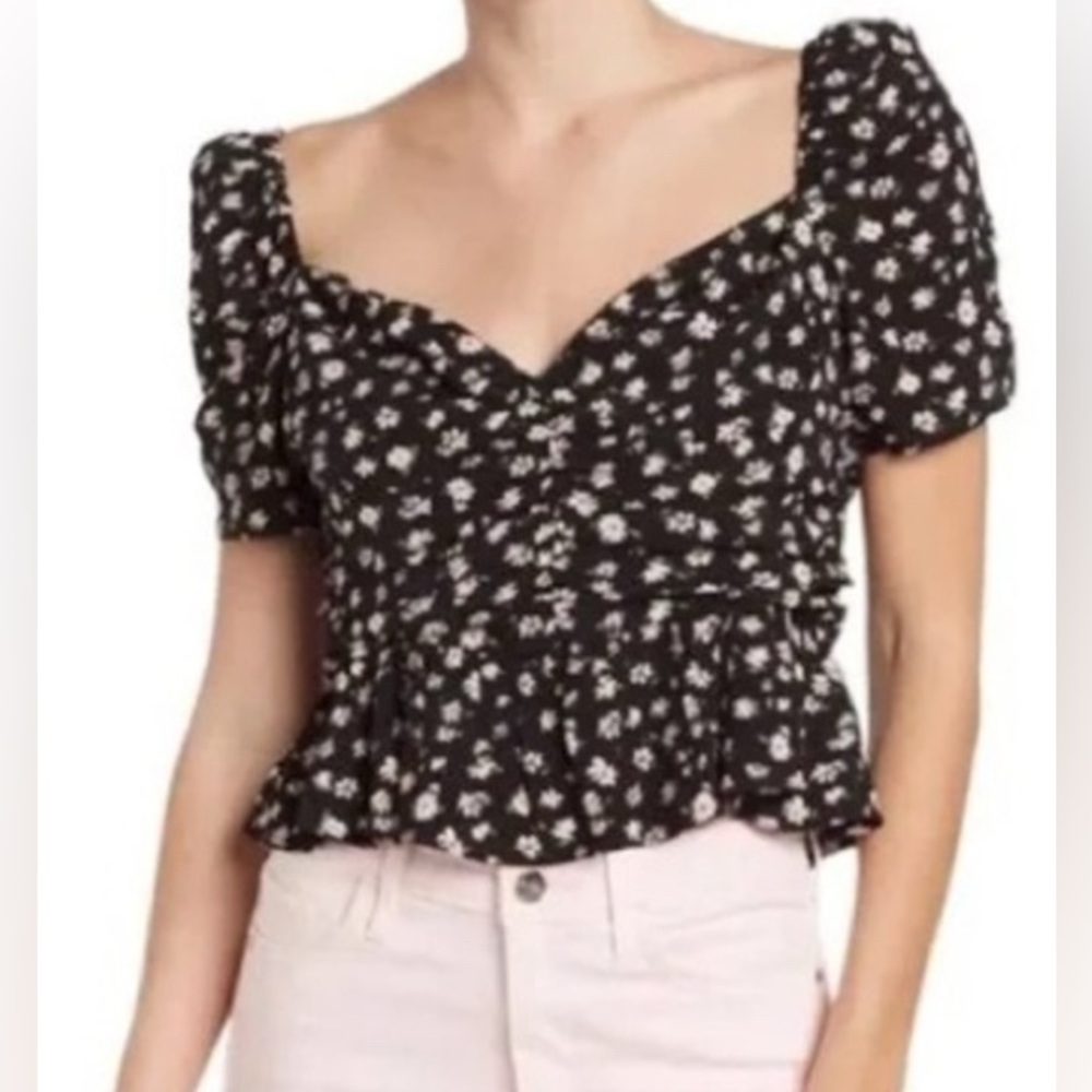 NWT ASTR The Label Puff Sleeve Black Pink Floral Ditsy Blouse - Size S